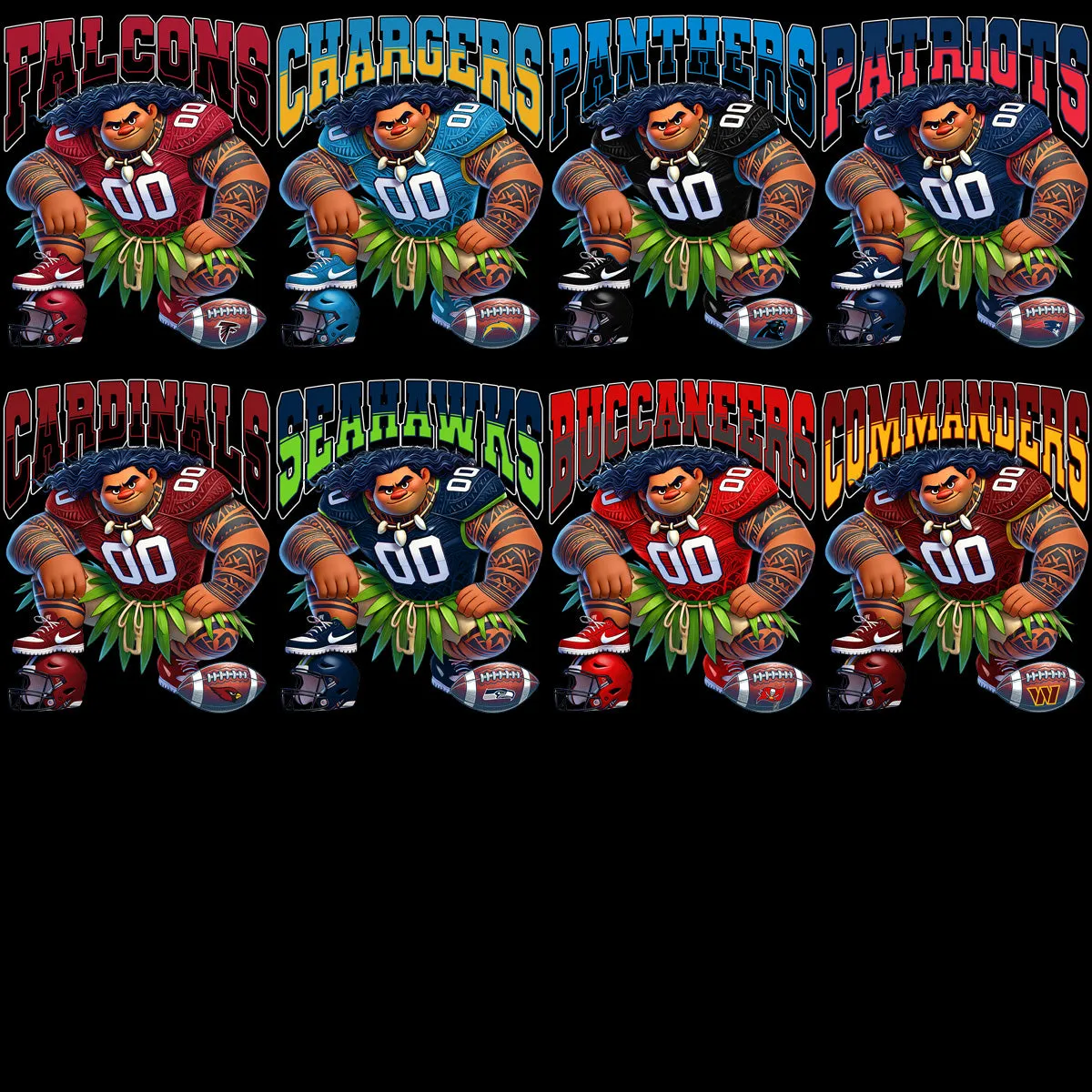 32 Cartoon MOANA Football Teams Maui Designs Bundle PNG