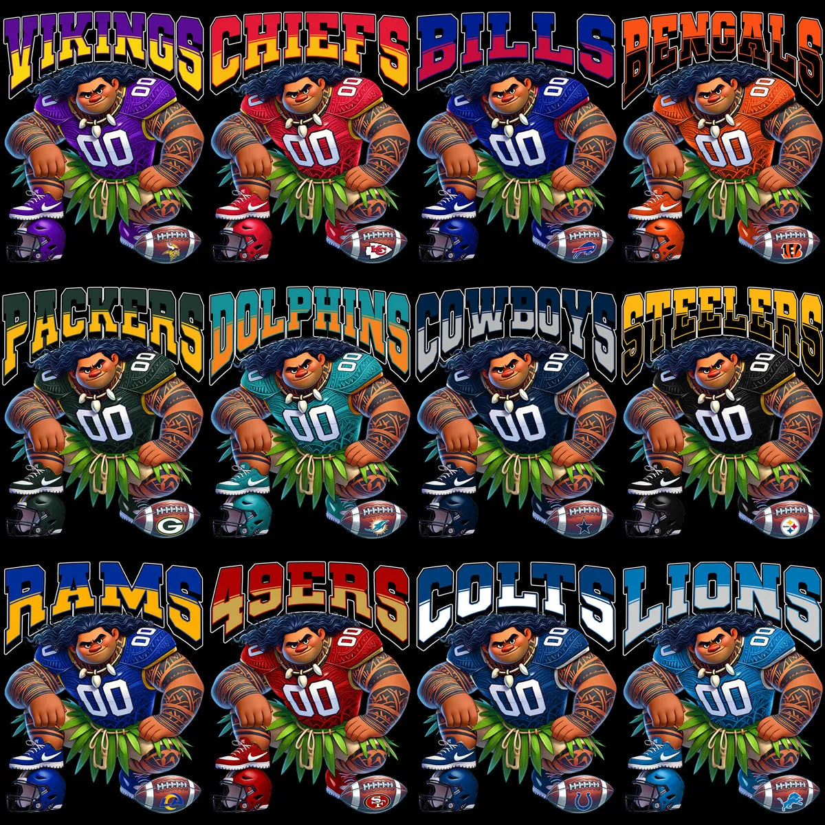 32 Cartoon MOANA Football Teams Maui Designs Bundle PNG