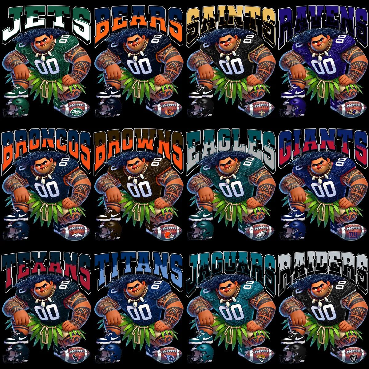 32 Cartoon MOANA Football Teams Maui Designs Bundle PNG