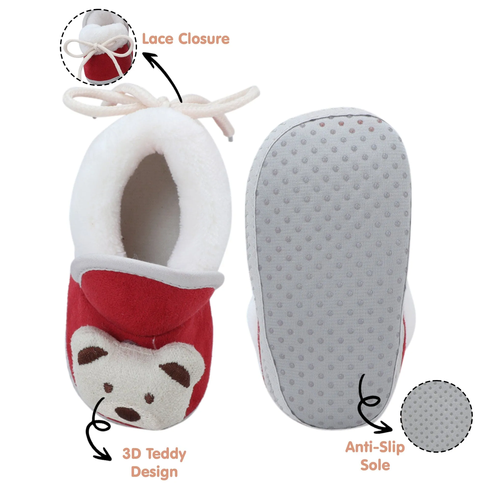 Baby Moo 3D Teddy Soft Slip-On Anti-Skid Plush Warm Booties - Maroon