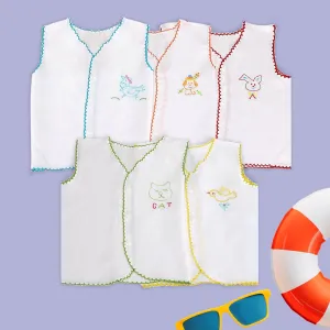 Baby Moo Animal Embroidery V-Neck Sleeveless Front Opening Button Cotton Jhablas 5 Pcs - Multicolour, White