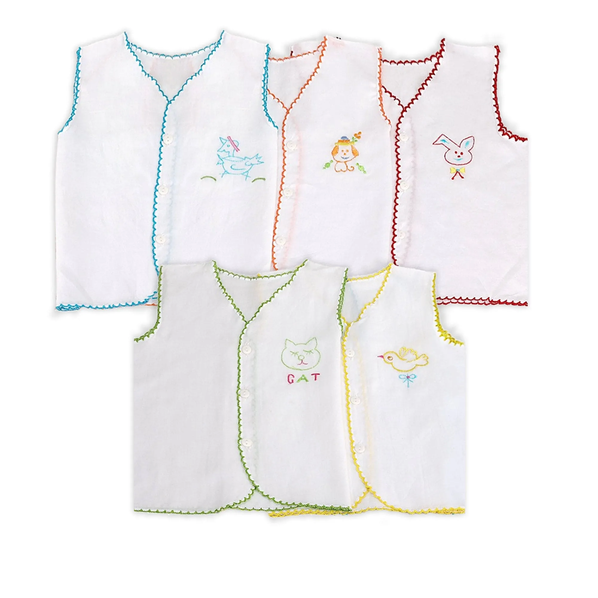 Baby Moo Animal Embroidery V-Neck Sleeveless Front Opening Button Cotton Jhablas 5 Pcs - Multicolour, White