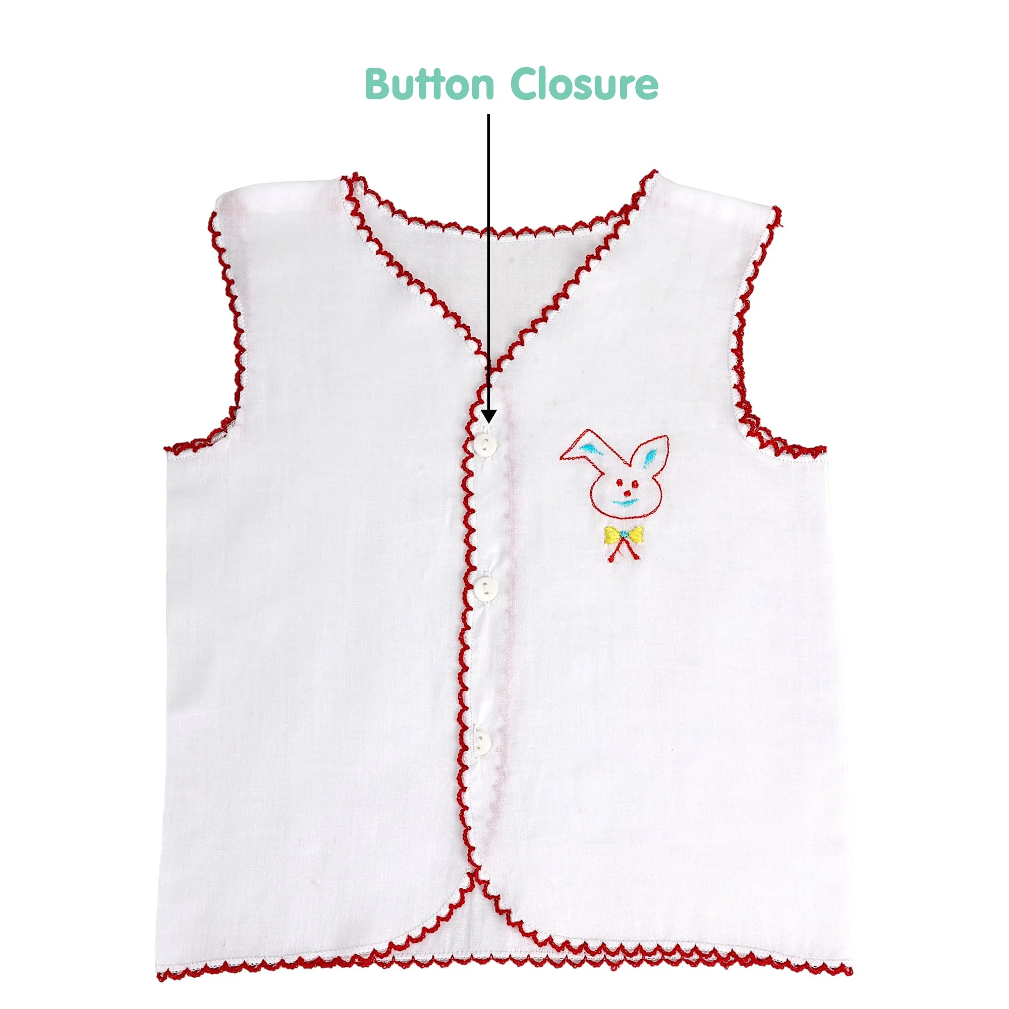 Baby Moo Animal Embroidery V-Neck Sleeveless Front Opening Button Cotton Jhablas 5 Pcs - Multicolour, White