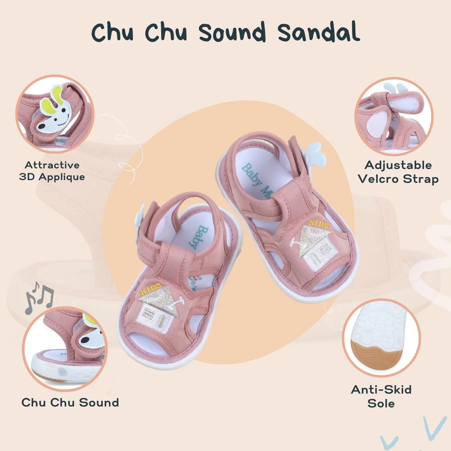 Baby Moo My Pet's House Chu-Chu Sound Breathable Anti-Skid Sandals - Pink