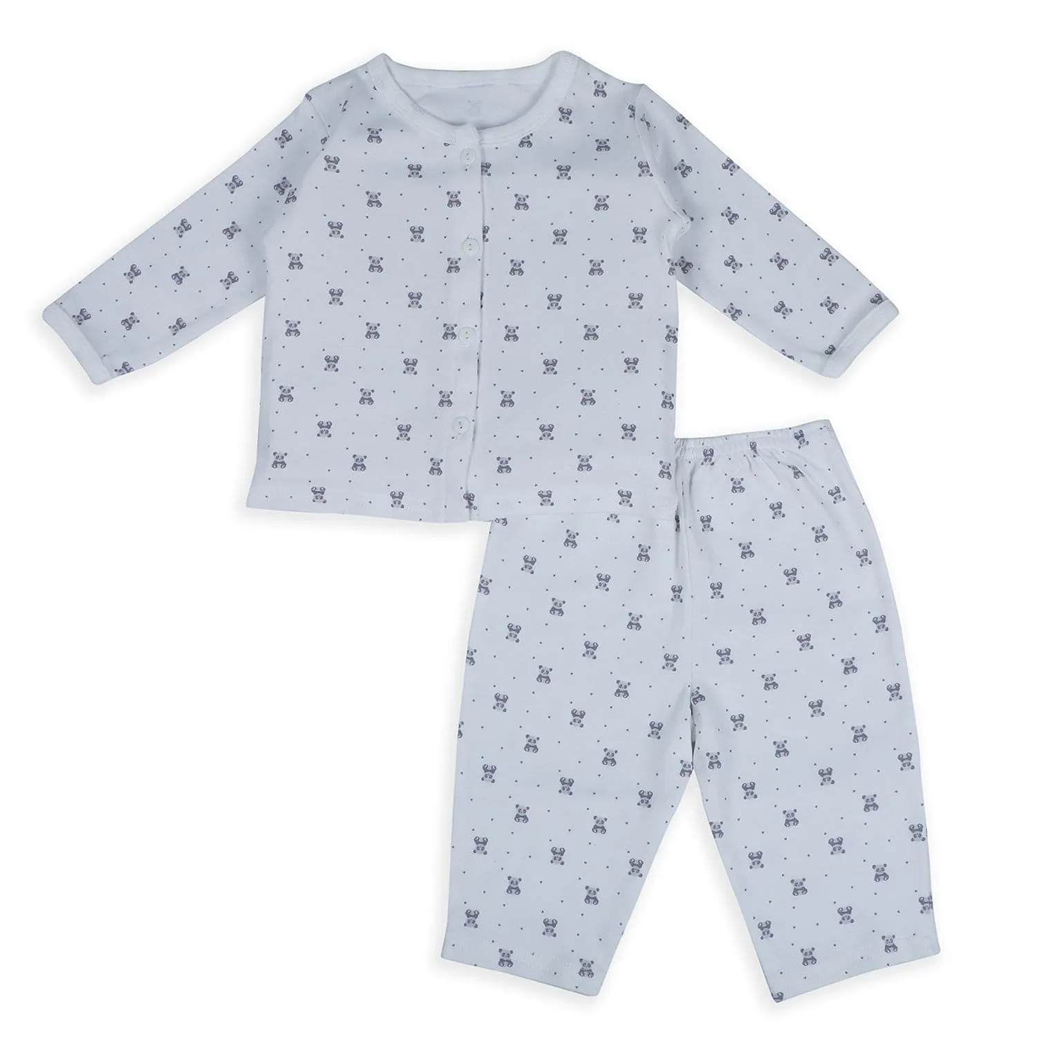 Baby Moo Panda Print Soft Cotton Full Sleeves Top And Pyjama 2pcs Night Suit - White