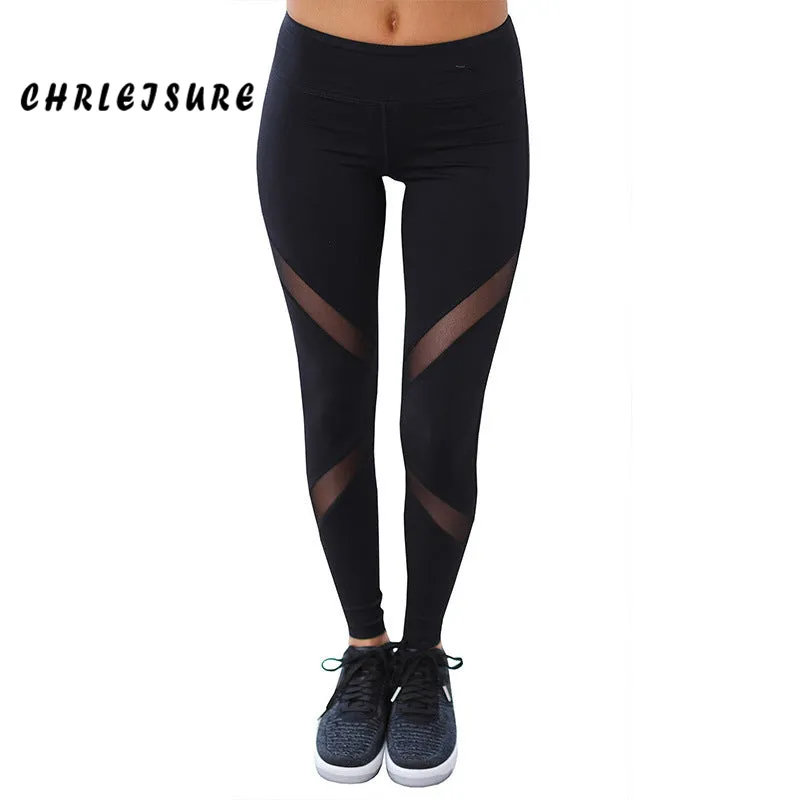 CHRLEISURE Sexy Women Leggings Gothic Insert Mesh Design Trousers Pants Big Size Black Capris Sportswear New Fitness Leggings