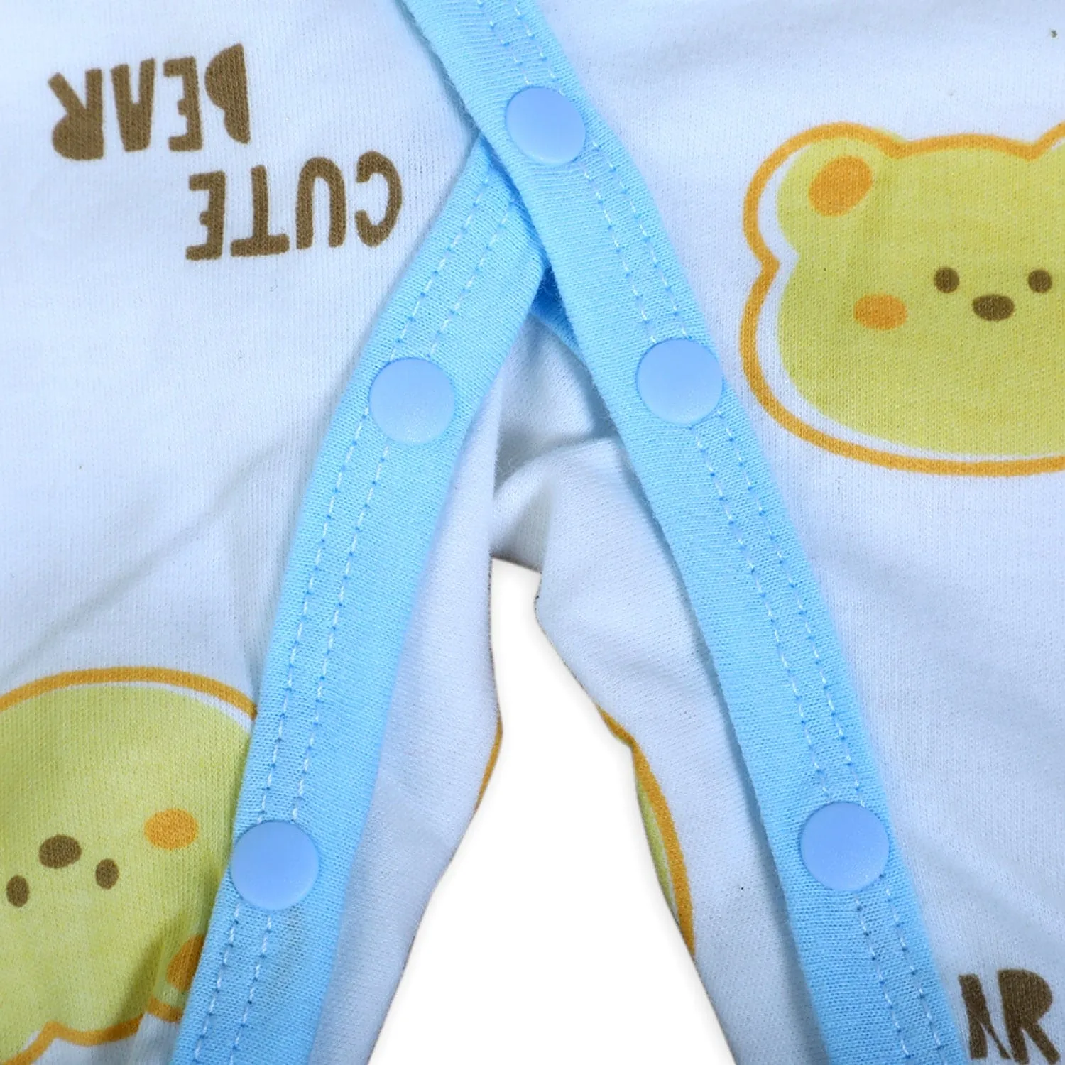 Cute Bear Full Sleeves One-Piece Body Suit With Snap Buttons Tie Knot And Matching Bib - Blue