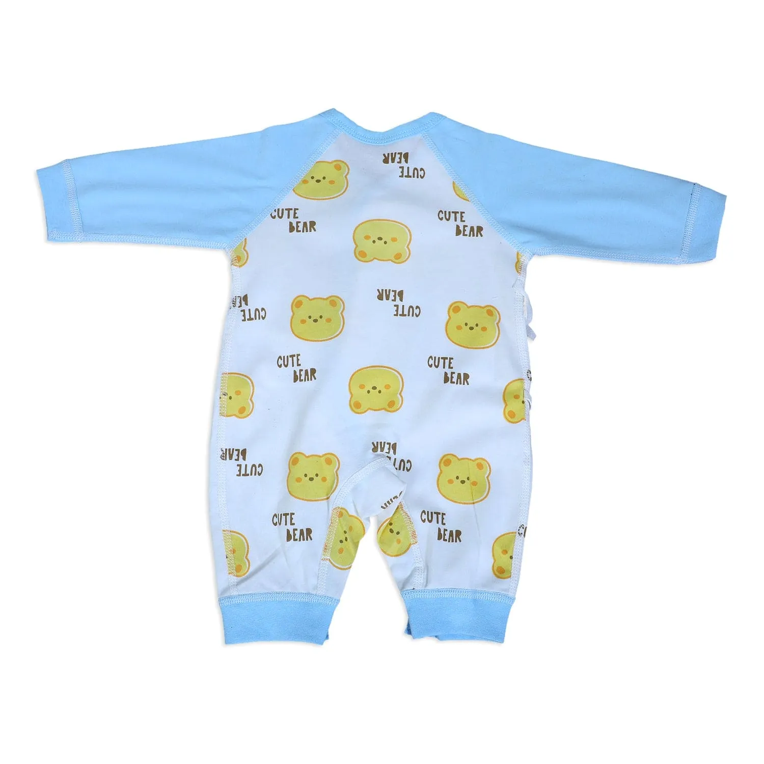 Cute Bear Full Sleeves One-Piece Body Suit With Snap Buttons Tie Knot And Matching Bib - Blue