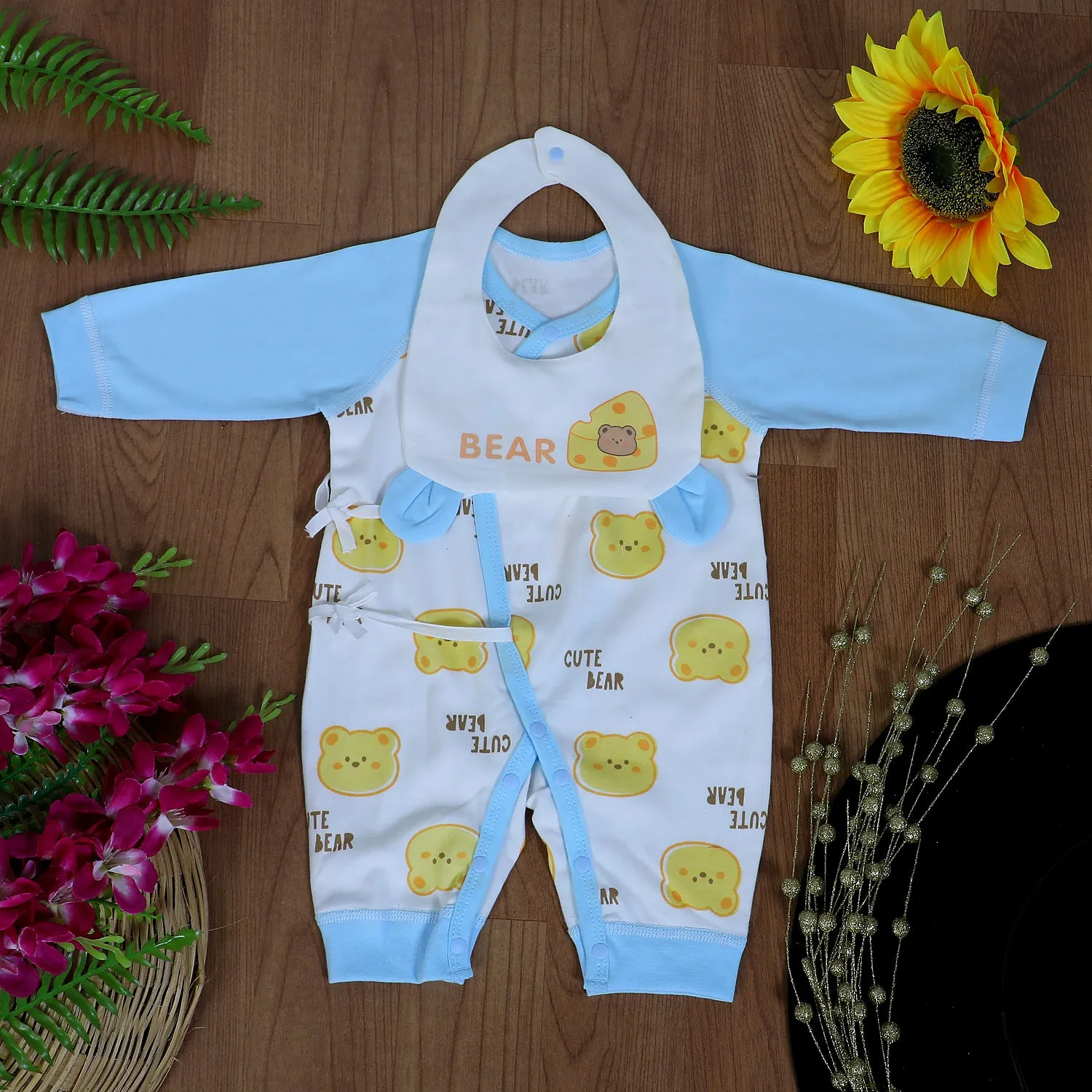 Cute Bear Full Sleeves One-Piece Body Suit With Snap Buttons Tie Knot And Matching Bib - Blue