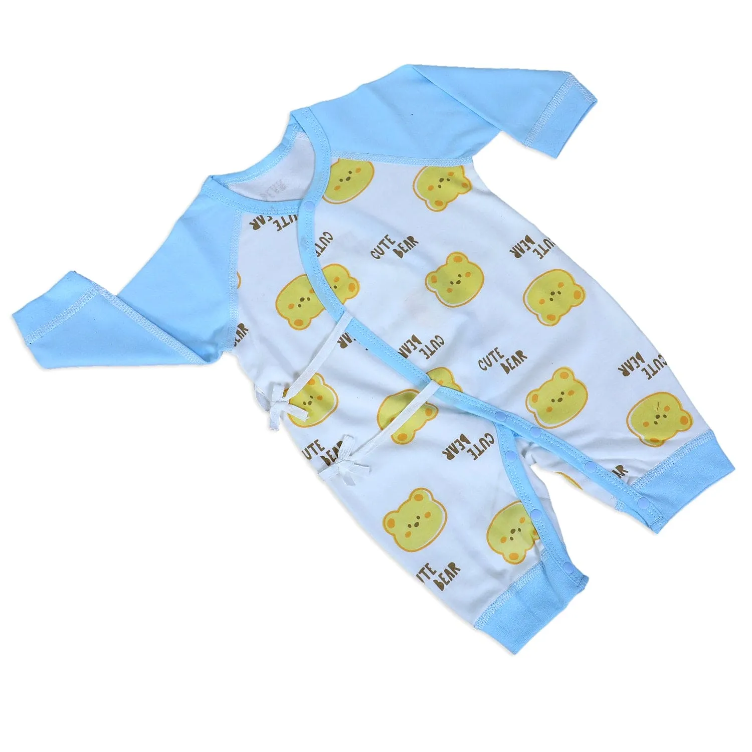 Cute Bear Full Sleeves One-Piece Body Suit With Snap Buttons Tie Knot And Matching Bib - Blue