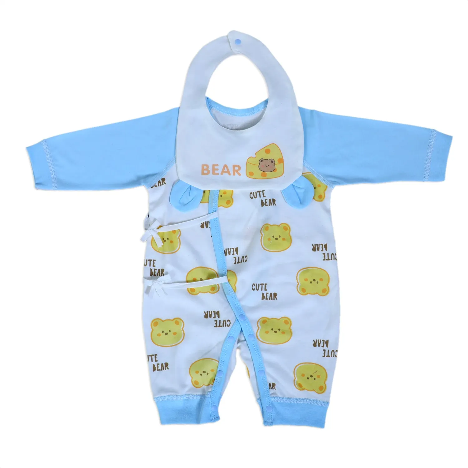 Cute Bear Full Sleeves One-Piece Body Suit With Snap Buttons Tie Knot And Matching Bib - Blue