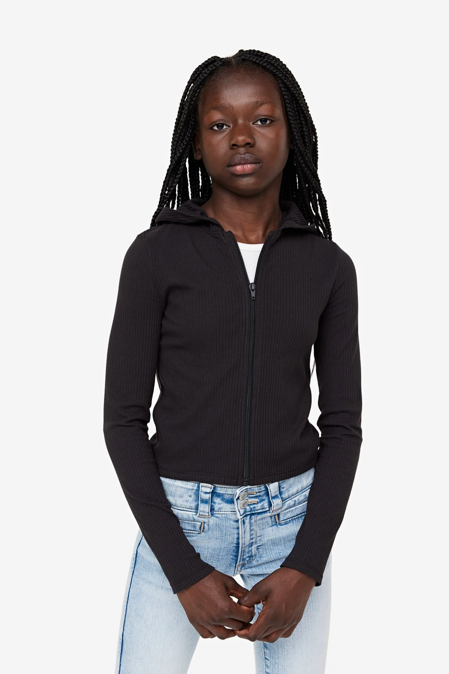 H&M Kids Ribbed Hooded Sweatshirt, black