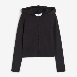 H&M Kids Ribbed Hooded Sweatshirt, black