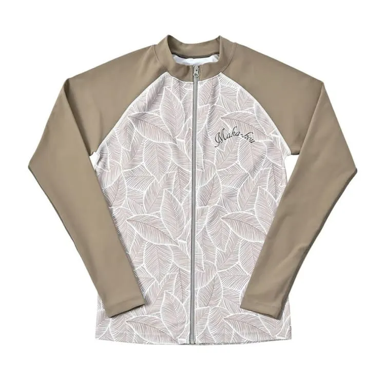 Maka-Hou Women Zip-Up Rashguard-BEIGE LEAF (Japanese Brand)