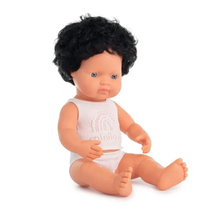 Miniland Doll - Anatomically Correct Baby Caucasian Boy Black Curly Hair 38cm