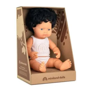 Miniland Doll - Anatomically Correct Baby Caucasian Boy Black Curly Hair 38cm