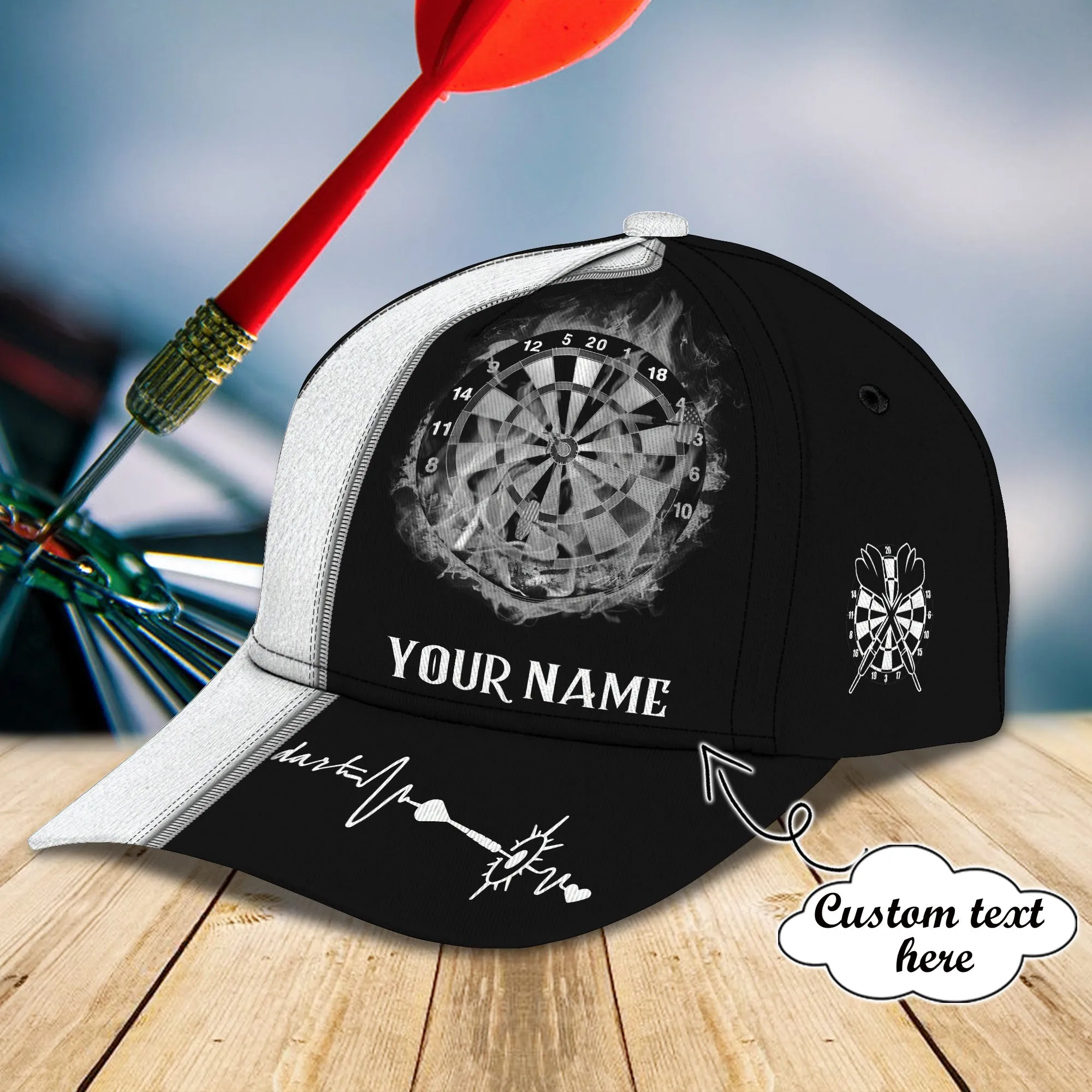 Personalized Name Black And White Dart Classic Cap , Posture Through Dart Mens Cap Hat