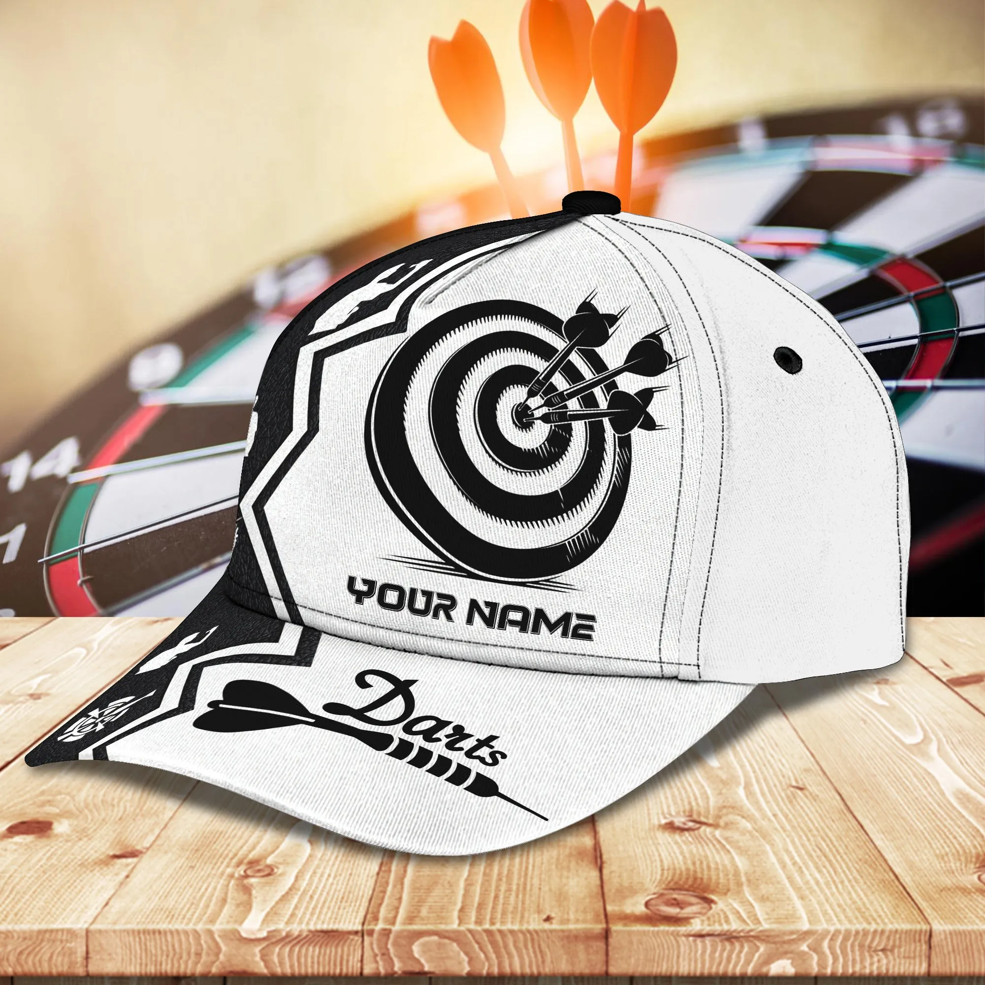 Personalized Name Black And White Dart Classic Cap , Posture Through Dart Mens Cap Hat