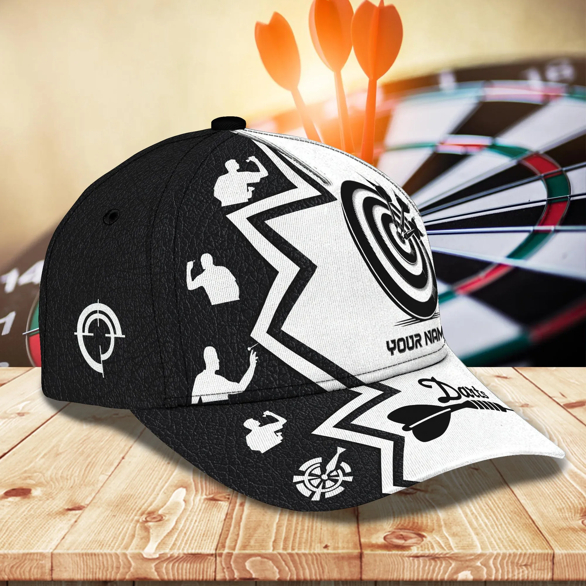 Personalized Name Black And White Dart Classic Cap , Posture Through Dart Mens Cap Hat