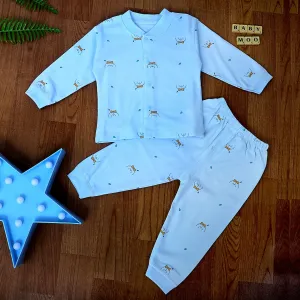 Puppy Face Full Sleeves 2 Piece Buttoned Pyjama Set Night Suit - Blue