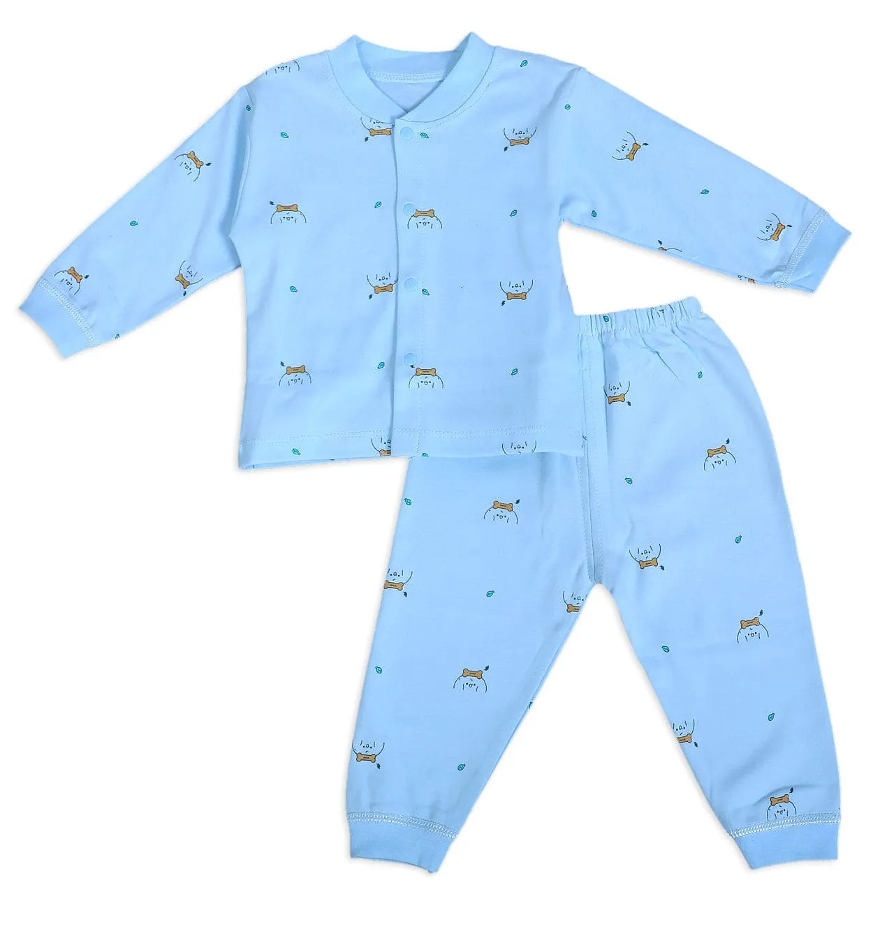 Puppy Face Full Sleeves 2 Piece Buttoned Pyjama Set Night Suit - Blue