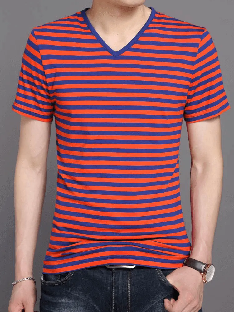 Stylish V-Neck Striped Short Sleeves Tee Shirt / Men's Sports Clothes - SF1066