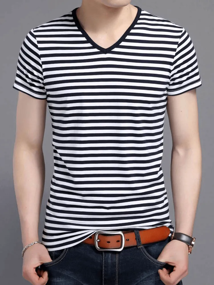 Stylish V-Neck Striped Short Sleeves Tee Shirt / Men's Sports Clothes - SF1066