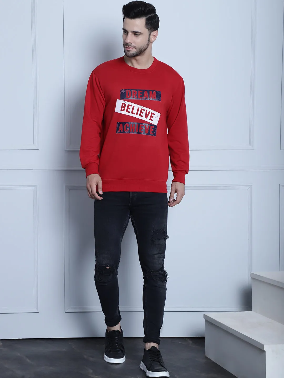 Vimal Jonney Maroon Printed Round Neck Cotton Fleece Sweatshirt for Men