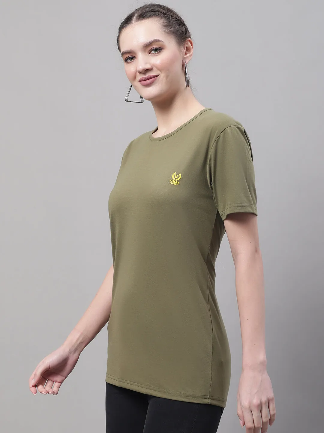 Vimal Jonney Round Neck Cotton Solid Olive T-Shirt for Women