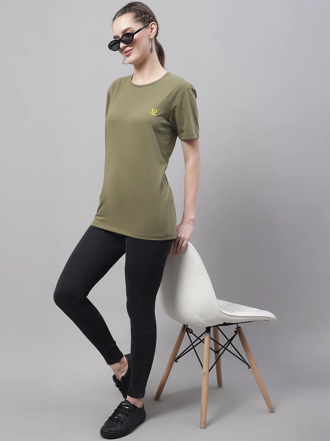 Vimal Jonney Round Neck Cotton Solid Olive T-Shirt for Women