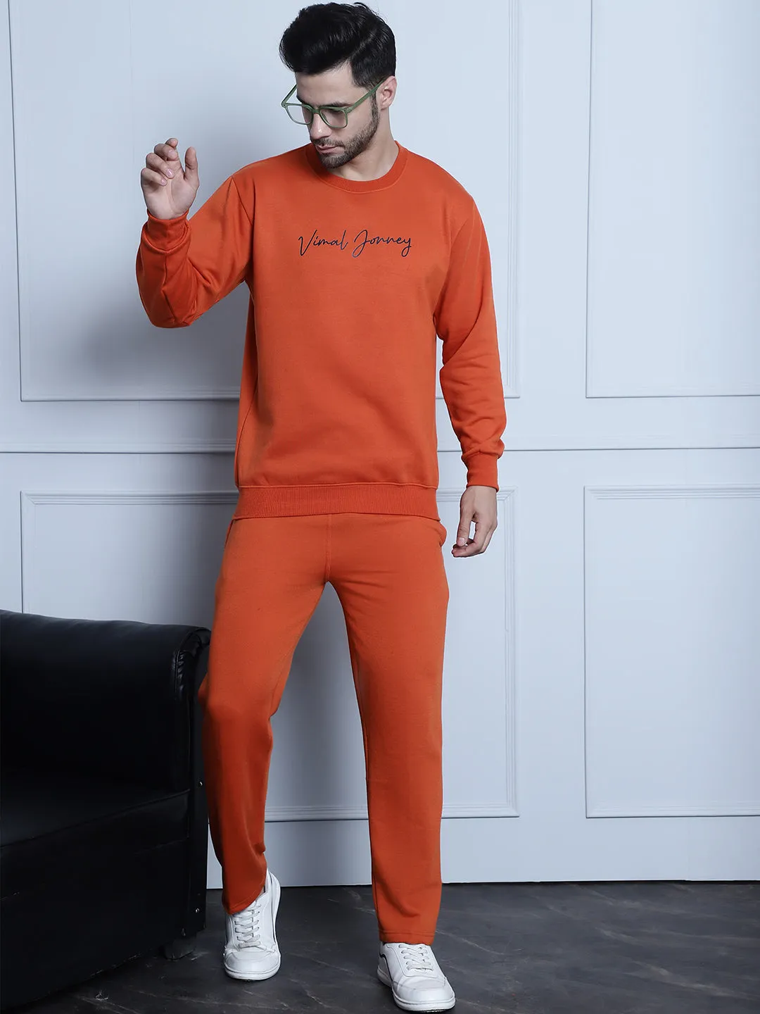 Vimal Jonney Rust Printed Round Neck Cotton Fleece Tracksuit for Men