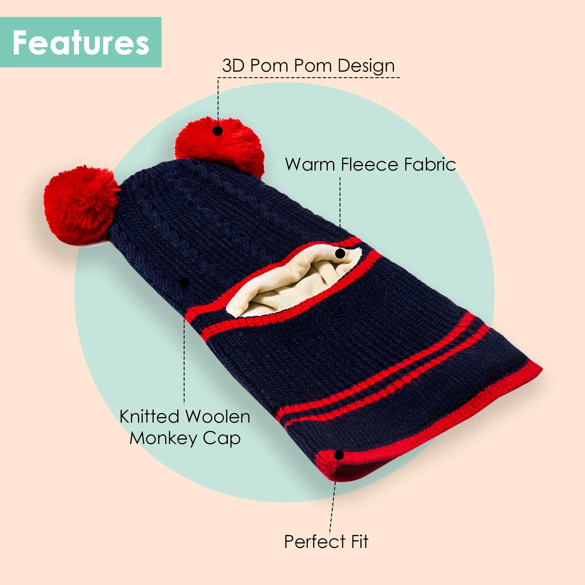 Winter Monkey Cap Woollen Hat Pom Pom Navy Blue