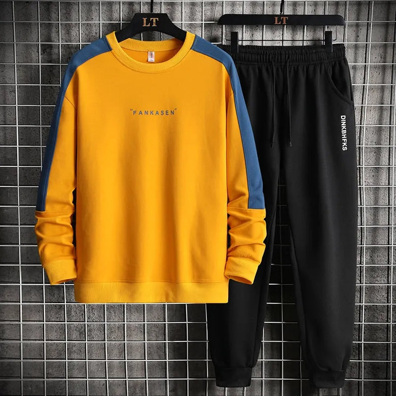 xiangtuibao Autumn Men Casual Sports Set Round Neck Tracksuit Fashion Sweatshirt and Sweatpants 2 Piece Sets Male Sportswear Outfit Set